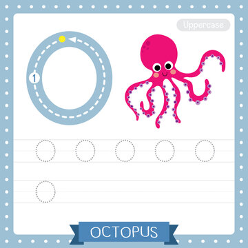 Letter O uppercase tracing practice worksheet of Magenta Octopus