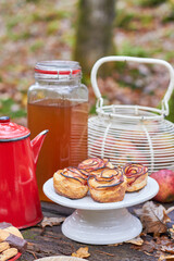 rose shape apple muffins in a fall picnic table, fresh apple juice in a jar and red old coffee maker