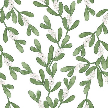 New Year pattern for fabric and gift wrapping. With the image of a twig of mistletoe