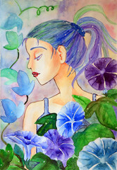 Illustration of a beautiful, romantic girl and flowers