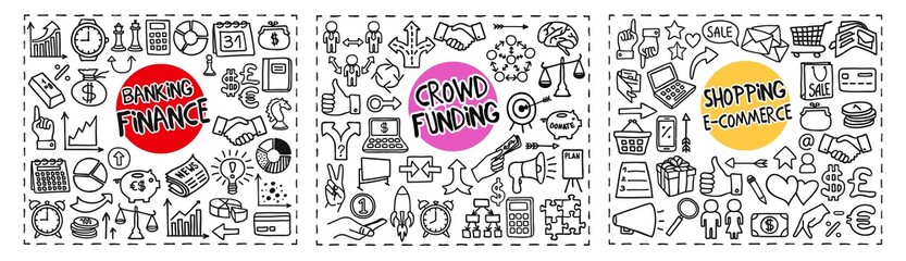 Finance and Banking, Crowd Funding and Shopping and e-Commerce doodle icons set