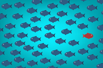 Think differently -One red unique different fish swimming opposite way of identical blue ones. Courage, confidence, success, crowd and creativity concept. EPS 10 vector illustration.
