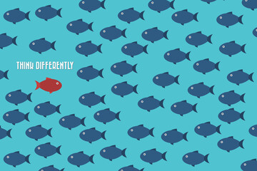 Think differently -One red unique different fish swimming opposite way of identical blue ones. Courage, confidence, success, crowd and creativity concept. EPS 10 vector illustration.