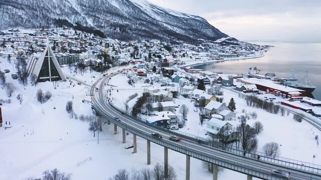 City of Tromso, Norway. Aerial Troms&oslash;. Panoramic view. Bird's-eye view. Tromso in the winter. Winter Norway