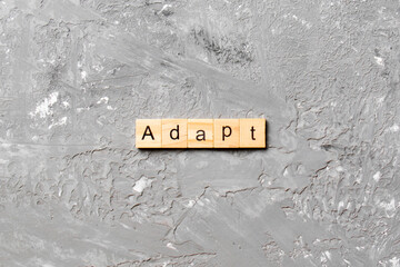 ADAPT word written on wood block. ADAPT text on cement table for your desing, concept