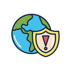 earth planet with shield with warning sign, line color style