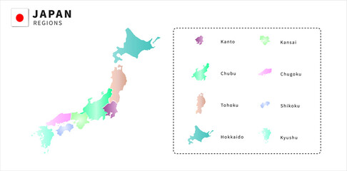 Vector Illustration of Japan map and colorful isolate japan region prefecture , white background , japan national flag