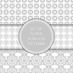 Gray and white floral seamless backgrounds. Compilation of patterns