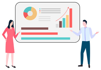 People man and woman discussing sales and trades, boards with diagrams and charts. Vector financial analytics and business statistics, successful management