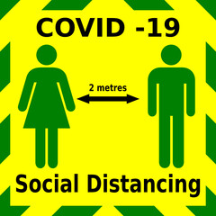 Green and yellow vector graphic of a man and a woman, warning to keep two metres apart whilst social distancing during the corona virus outbreak.