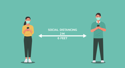 young man and woman using phone and maintain social distancing, character vector flat illustration