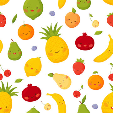 Cute cartoon fruits with funny faces on a white background. Seamless vector pattern.
