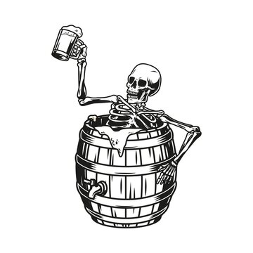 Skeleton sitting in beer wooden barrel