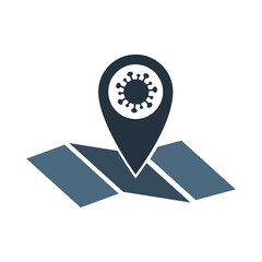 isolated abstract warning coronavirus on the map, pin icon, on white background, covid - 19