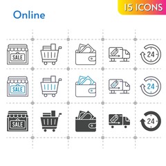 online icon set. included 24-hours, shop, wallet, shopping cart, delivery truck icons on white background. linear, bicolor, filled styles.