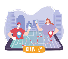 covid-19 coronavirus pandemic, delivery service, delivery man and customer with smartphone order tracking in map