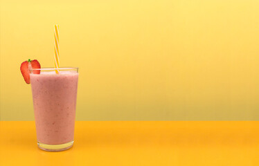 Side view of fruit milkshake with strawberries
