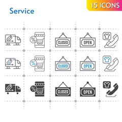 service icon set. included online shop, closed, phone call, delivery truck, open icons on white background. linear, bicolor, filled styles.