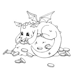 Сute cartoon dragon lying on a pile of gold coins. White and black vector illustration for coloring book. Isolated object on white background.