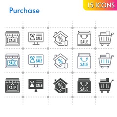 purchase icon set. included online shop, shopping bag, shop, mortgage, shopping cart icons on white background. linear, bicolor, filled styles.