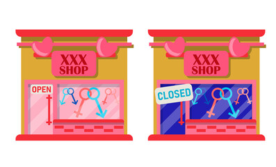 The sex shop is closed and open. A collection of store facades isolated on a white background.Vector illustration in flat style
