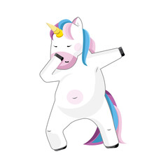 Cute and beautiful fantasy vector illustration of dabbing unicorn isolated on white background for t-shirts, poster, print or fashion style design. Funny cartoon character of Happy birthday party