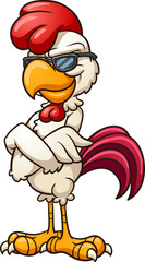 Cartoon chicken wearing cool sunglasses. Vector clip art illustration with simple gradients. All in a single layer.
