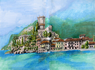 Mediterranean romantic landscape. Malcesine, Lake Garda, Italy. Hand-drawn watercolor sketch.