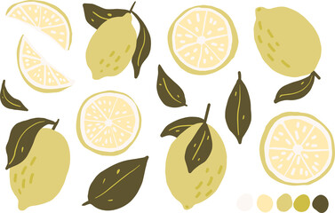 Lemon, slices of lemon and leafs hand drawn childish clipart set isolated on white background.