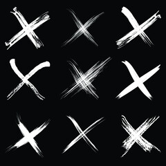 X marks. White brush strokes. Grunge style. Vector crossed lines. Trendy design element for logo, tattoo, rejected sign, template, pattern and abstract background. 