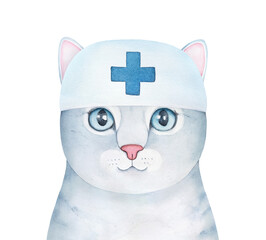 Funny positive cat wearing white medical hat with blue cross emblem. Sign of doctor profession, hospital, clinic, support. Hand drawn watercolour graphic painting, cutout element for creative design.