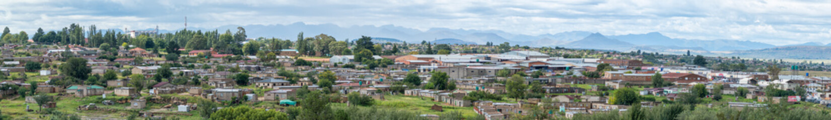 Panorama of Maputsoe in Lesotho seen from Ficksburg, South Africa