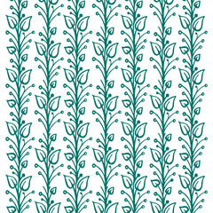 Seamless floral hand drawn vector pattern. Leaves and flowers endless sketch drawing background.  Part of set.