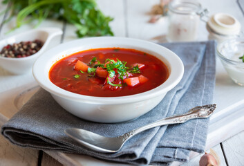 Vegetable soup borsch made with beetroot and other vegetables