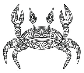 Crab vector illustration, stylized, black outline trim, ornate, decorative crab line art with black thin line, isolated on white background