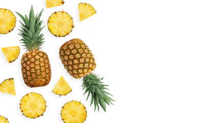 Ripe pineapple with slices on white background