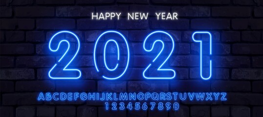 Neon New Year 2021 greeting card - neon blue letters 2021 neon sign, bright signboard, light banner. Logo neon, emblem.