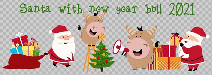 Obraz na płótnie Canvas Cute ox, cow, bull with Santa. 2021 transparent background with cow. Ox horoscope sign. Chinese year of ox 2021. Happy New Year. Concept image of symbol Chinese new year