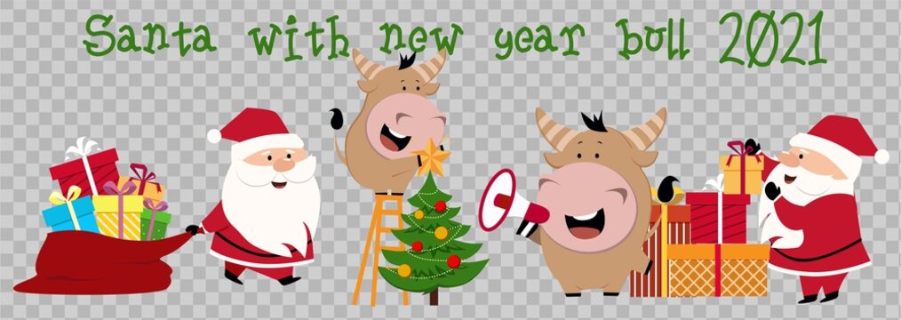 Cute ox, cow, bull with Santa. 2021 transparent background with cow. Ox horoscope sign. Chinese year of ox 2021. Happy New Year. Concept image of symbol Chinese new year