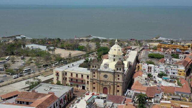 Drone view of Cartagena city center and Church and Sanctuary San Pedro Claver. Beautiful beach city in Colombia.