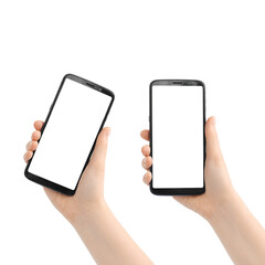 Woman hand holding the black smartphone with white screen. Two position, collage. Isolated on white background.