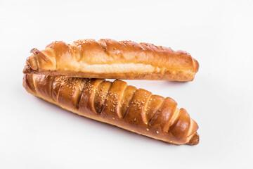 Baking a fresh bun filled with meat isolated on white background
