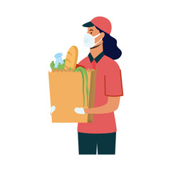 Delivery woman with mask and bag vector design