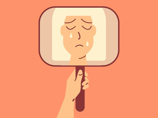 Sad and discouraged crying female character looking in the mirror. Selfcare concept. 