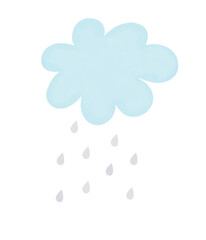 Baby Shower Vector Illustration with Sweet Fluffy Rainy Cloud. Lovely Blue Cloud and Gray Rain Drops Isolated on a White Background. Baby Boy Room Decoration. Watercolor Style Nursery Art.
