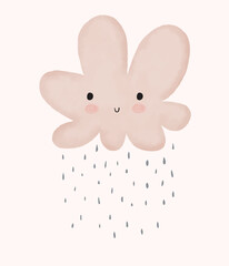Baby Shower Vector Illustration with Sweet Fluffy Rainy Cloud. Beige Smiling Cloud and Gray Rain Drops Isolated on an Off-White Background. Baby Boy Room Decoration. Watercolor Style Kawaii Art.