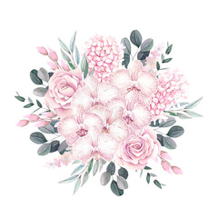 Beautiful floral watercolor bouquet of roses, orchids, eucalyptus branches on a white background.