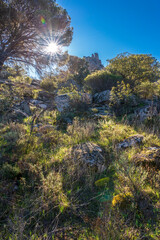 Rayos de sol en la peña Muñana. Cadalso de los Vidrios. Madrid. España. Europa.