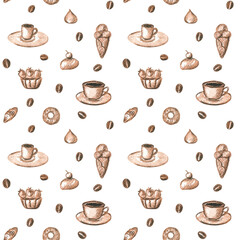 Warm brown seamless pattern of coffee, cups and bakery. Watercolor hand drawn elements, isolated on white. Great for kitchen accessories, wrapping paper and stationery. 