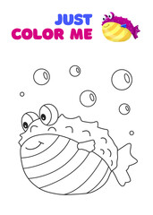 Cute fantasy coloring page with fish in the ocean. Black and white cartoon vector illustration for coloring book, print or t-shirt design. Children, kids drawing template on white background